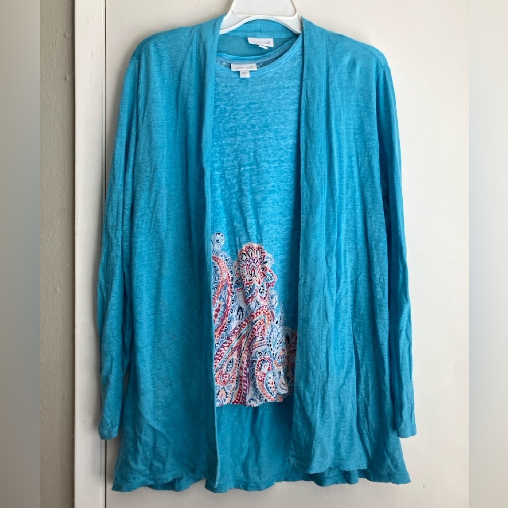 J. Jill Love Linen Blue Paisley Sleeveless Top and Cardigan Set Size Small